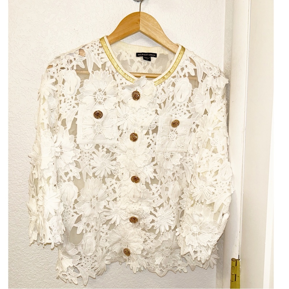 MICHAEL SIMON Textured WHITE Floral Sheer Cropped Blazer Gold hardware SZ:Small